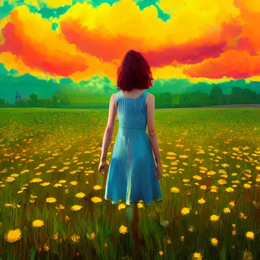 Image similar to giant daisy flower face, full body girl standing in a flower field, surreal photography, sunrise, dramatic light, impressionist painting, colorful clouds, digital painting, artstation, simon stalenhag