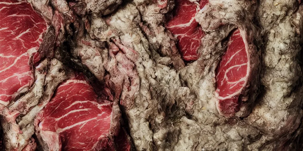 Prompt: details of lichens growing under flesh and skin, meat, skin texture details, painit texture, wrinkles and muscle tissues, stab wound, oil on canvas, 4k, 8K, photorealistic, soft light, cinematic lighting, sharp, contrasting, dramatic light