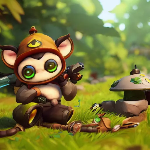 Image similar to teemo as an overwatch character, teemo shooting a poison dart, teemo surrounded by poison mushrooms, octane render, blender render, unreal engine, cinematic lighting