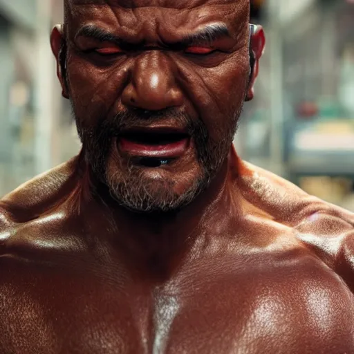 Image similar to a film still of a black man starring in a japanese blockbuster film as heihachi from tekken, shallow depth of field, cinematic, award winning cgi, vfx, film still