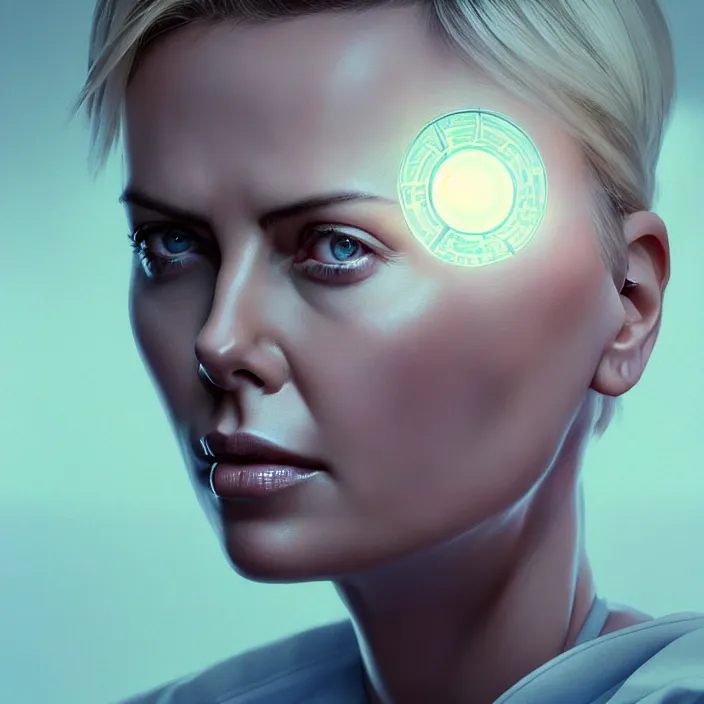 Image similar to portrait of charlize theron as a nurse. intricate abstract. intricate artwork. by tooth wu, wlop, beeple, dan mumford. octane render, trending on artstation, greg rutkowski very coherent symmetrical artwork. cinematic, hyper realism, high detail, octane render, 8 k, iridescent accents