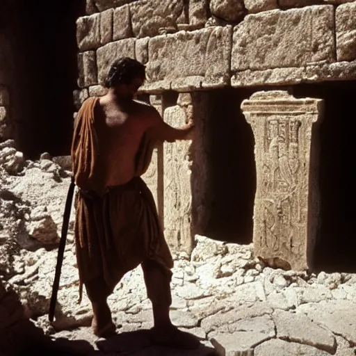 Image similar to award winning cinematic still of 40 year old man in ancient Canaanite clothing building a broken wall in Jerusalem, directed by Steven Spielberg