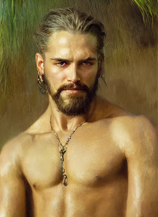Image similar to detailed cinematic wide shot of muscular attractive young aztec man beard slim face symmetrical face tanskin green eyes white hair wearing sea clothes, detailed intricate priceless gems, ultra realistic, spring light, painting by gaston bussiere, craig mullins, j. c. leyendecker