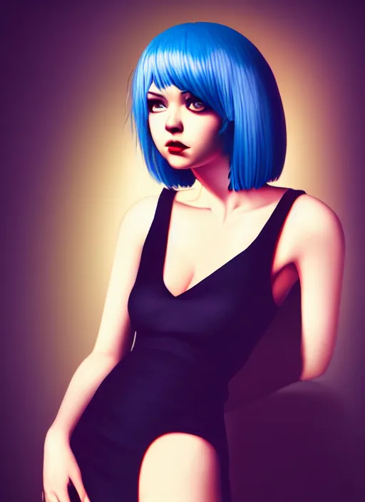 Image similar to hyper realistic photograph portrait of pretty girl with blue hair, wearing a little black dress, dramatic lighting by ilya kuvshinov