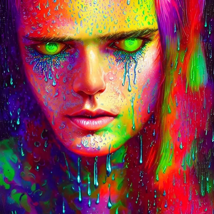 Image similar to bright psychedelic portrait with rain on face and wet hair, wings, smiling, diffuse lighting, fantasy, intricate, elegant, highly detailed, lifelike, photorealistic, digital painting, artstation, illustration, concept art, smooth, sharp focus, art by John Collier and Albert Aublet and Krenz Cushart and Artem Demura and Alphonse Mucha