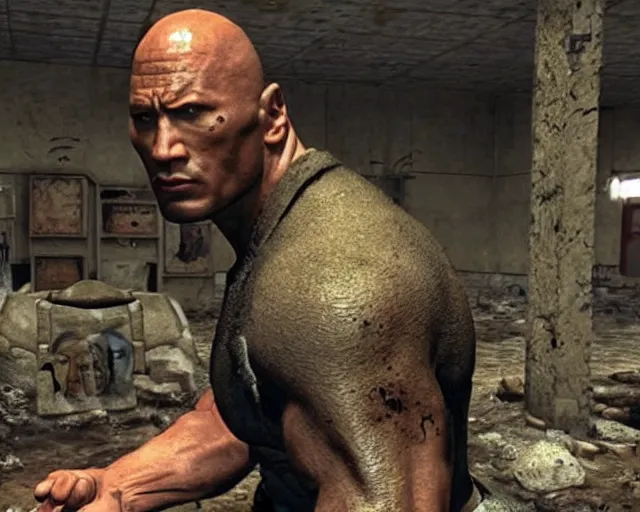 Image similar to Fallout 1 talking head of Dwayne Johnson, screenshot from Fallout (1997)