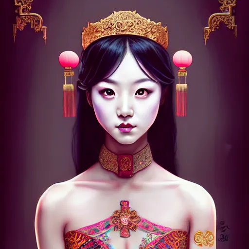 Image similar to symmetrical painting, a beautiful young chinese female in dress, pretty, perfect face, elegant, ornate, luxury, elite, matte painting, by artgrem, by james jean, by ross tran - h 6 0 0