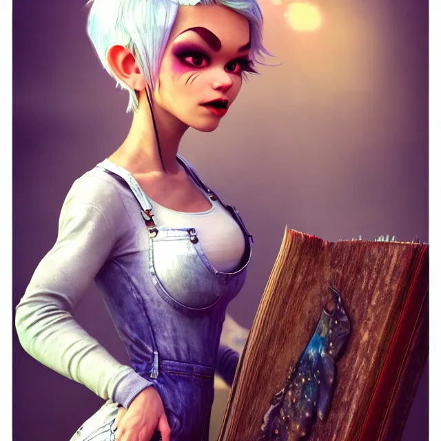 Image similar to full body pose, beautiful adult fairy, pixar, short white hair shaved sides, dirty, grungy, grunge, long sleeve, painted overalls, stacks of giant books, highly detailed, 4 k, hdr, smooth, sharp focus, high resolution, award - winning photo, artgerm, photorealistic