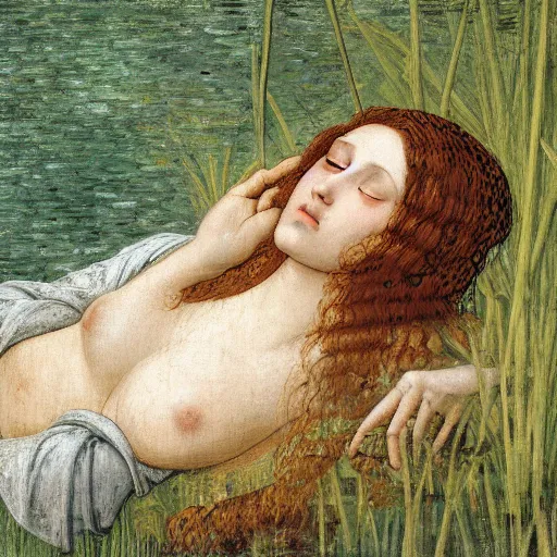 Image similar to ophelia, laying flat submerged in water, close up portrait, under the river amongst the reeds, fully covered in robes and lake foliage, weeds reeds, fully clothed in flowing medieval robes, by leonardo devinci, botticelli, devinci, rosetti and monet, 8 k