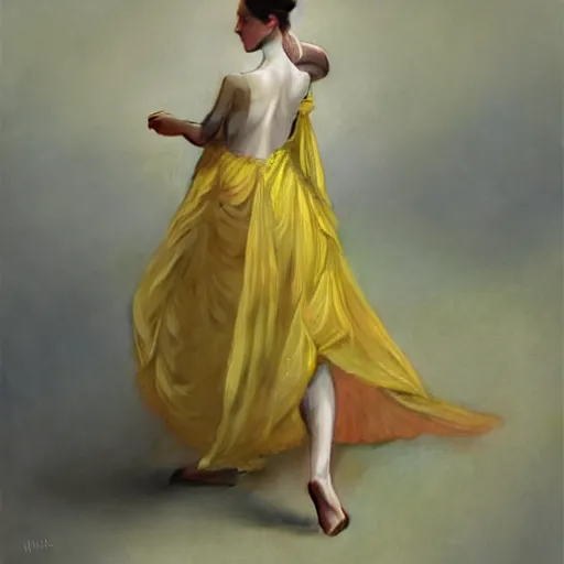 Image similar to a woman in a yellow organza dress dancing, intricate, elegant, realistic, smooth, sharp focus, rim light, illustration, by ruan jia and mandy jurgens and william - adolphe bouguereau, artgerm