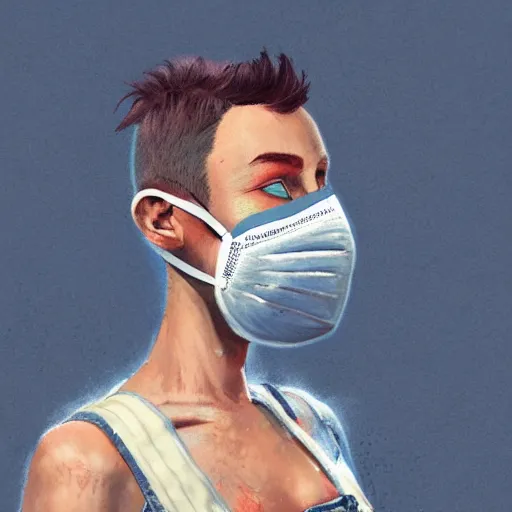 Prompt: a grungy woman with short white shaved hair, soft eyes and narrow chin, dainty figure, torn overalls, short shorts, combat boots, rainbow material dust mask, basic white background, side boob, symmetrical, single person, style of by jordan grimmer and greg rutkowski, crisp lines and color,