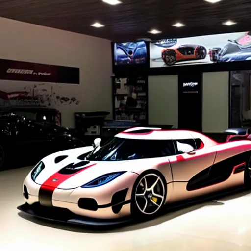 Image similar to a Koenigsegg Agera R with a anime livery in a showroom