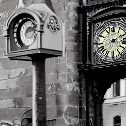 Prompt: A detailed film still of Kaley Cuoco under the Eastgate clock in Chester. Behind her we see a black panther. 70mm