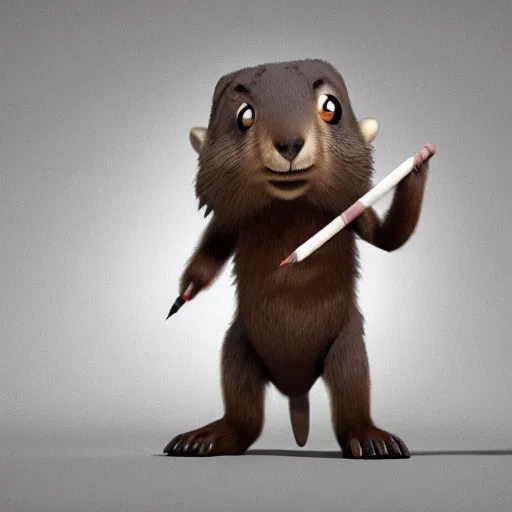 Image similar to cute anthro brown marmot in a suit while holding a pencil, cartoon, digital art, 3 d rendered in octane, pixar character, blender, maya, shadows, lighting