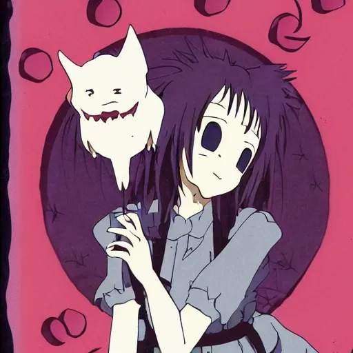 Image similar to an anime film vhs cover for a film by miyazaki of studio ghibli and tim burton, of a pastel goth vampire bat woman learning how to live in an empty cottage by herself in the middle of the woods, old vintage vhs, scan lines, grainy quality, real anime, fairies