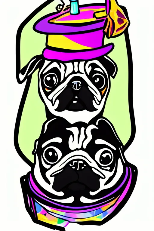 Image similar to A portrait of a pug with a top hat, sticker, colorful, illustration, highly detailed, smooth and clean vector curves, no jagged lines, vector art, smooth