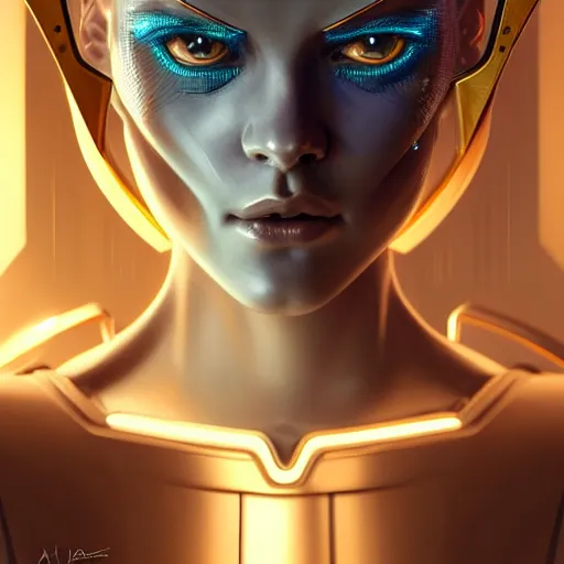 Image similar to futuristic woman android portrait, sci-fi female, striking azure eyes, face, short platinum hair tomboy, cyberpunk femme fatale, intricate, elegant alabaster skin, highly detailed gold filigree, digital painting, artstation, concept art, smooth, sharp focus, illustration, art by artgerm and greg rutkowski and alphonse mucha