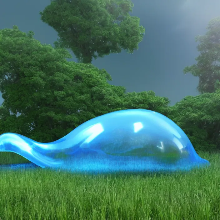 Image similar to render of one huge fantasy transparent translucent bluish slime in the meadow. fantasy, high details, masterpiece, cgsociety, octane render, 8 k, volumetric lighting, photorealism, translucent raytracing, artstation contest winner