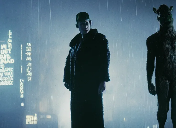 Image similar to film still shrek wearing leather coat as a detective in blade runner, 8 k