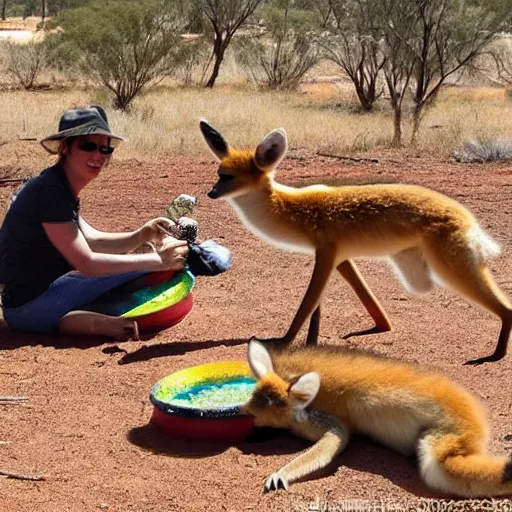 Image similar to baby dingo, baby emu, baby kangaroo, all playing together and eating vegemite sandwiches in a ballpit in the outback