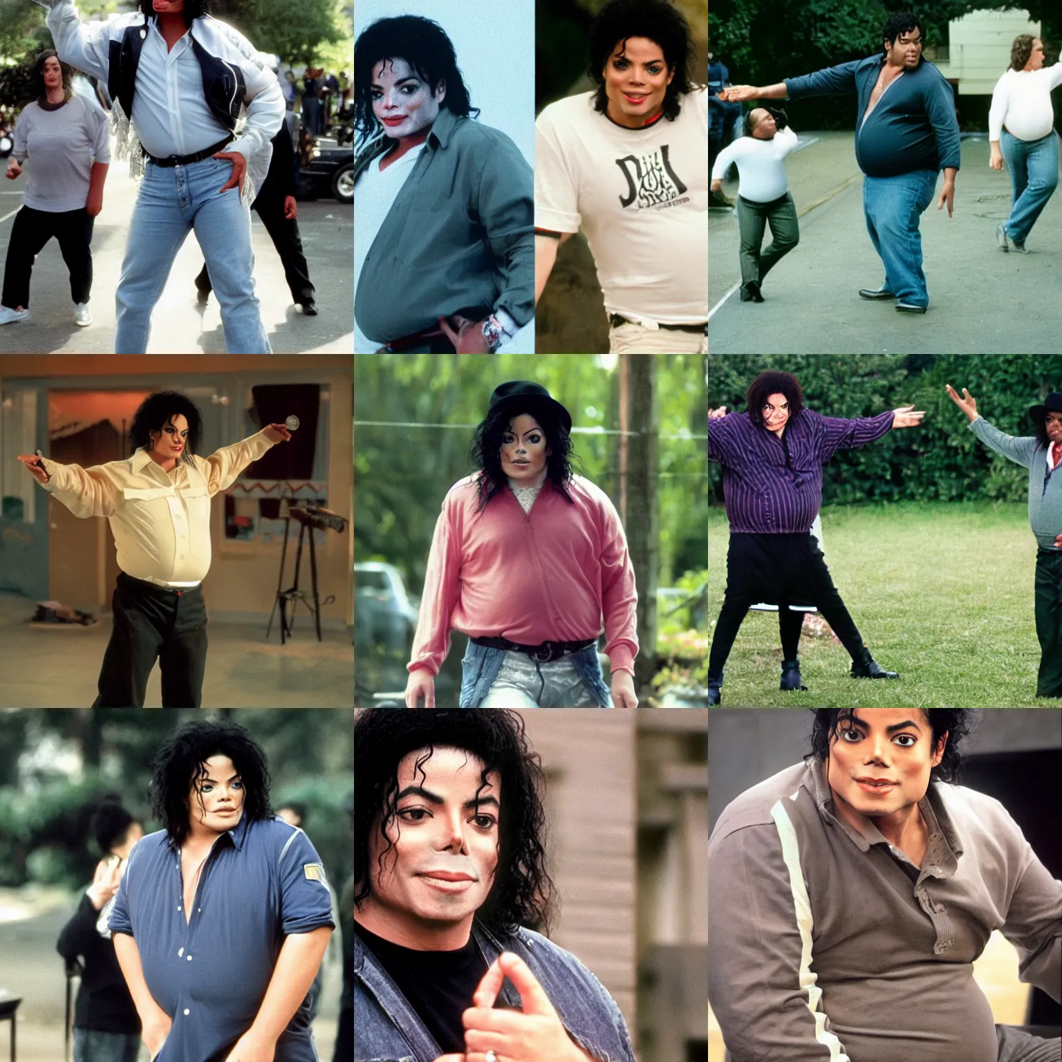 Prompt: michael jackson chubby very obese!!, casual clothes, long shot, very realistic film still, high quality 8 k