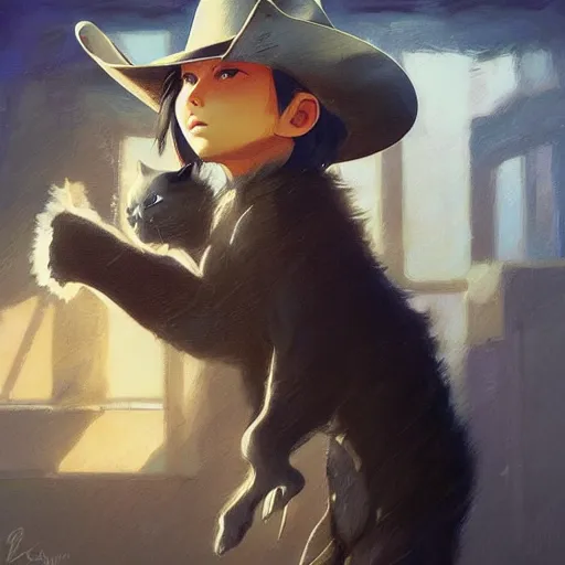 Image similar to A cowboy cat with big and cute eyes, fine-face, realistic shaded perfect face, fine details. realistic shaded lighting poster by Ilya Kuvshinov katsuhiro otomo ghost-in-the-shell, magali villeneuve, artgerm, Jeremy Lipkin and Michael Garmash, Rob Rey and Kentarõ Miura style, trending on art station