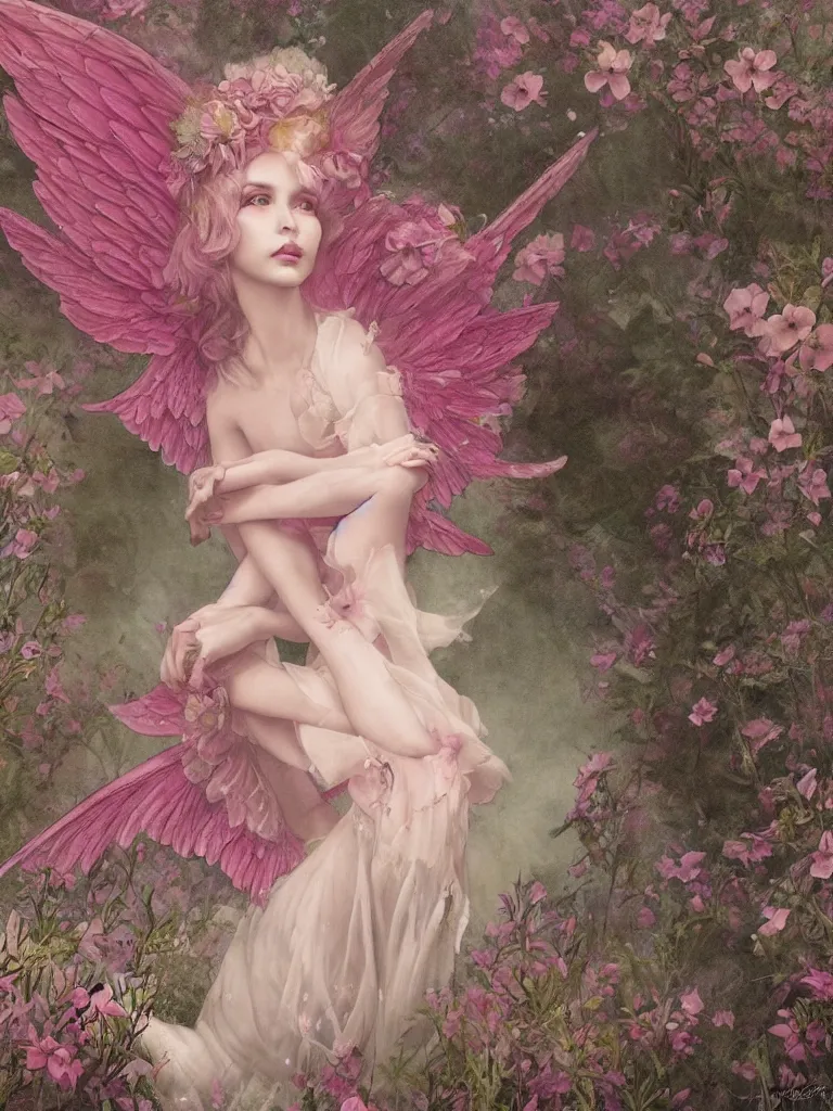 Image similar to one pink fairy with large wings exploring her lonely flower garden by herself in the style of tom bagshaw, extremely detailed, muted colors