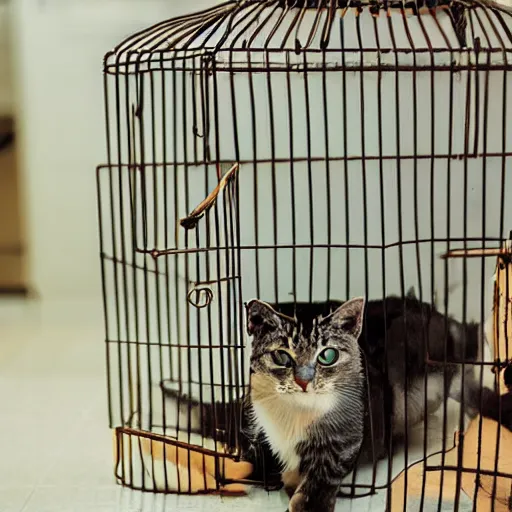 Image similar to cats in a cage in kitchen,
