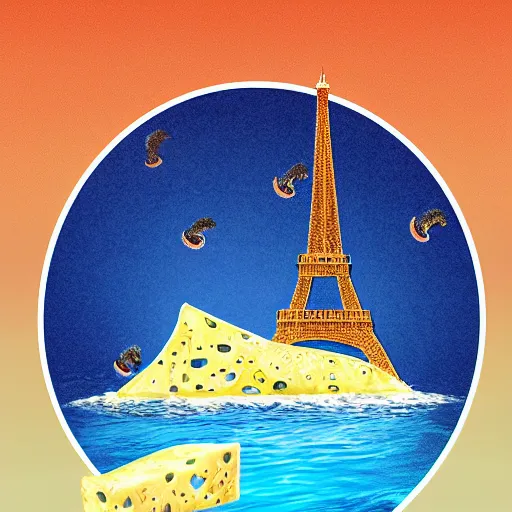 Prompt: eiffel tower is swimming in the ocean under the cheese rain on neptune planet, hyper realistic, illustration, digital art