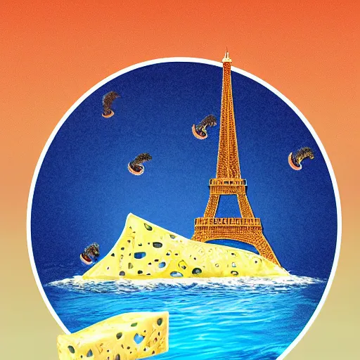 Image similar to eiffel tower is swimming in the ocean under the cheese rain on neptune planet, hyper realistic, illustration, digital art