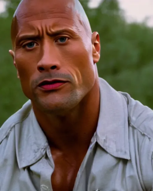 Image similar to film still close up shot of dwayne johnson as forrest gump. photographic, photography