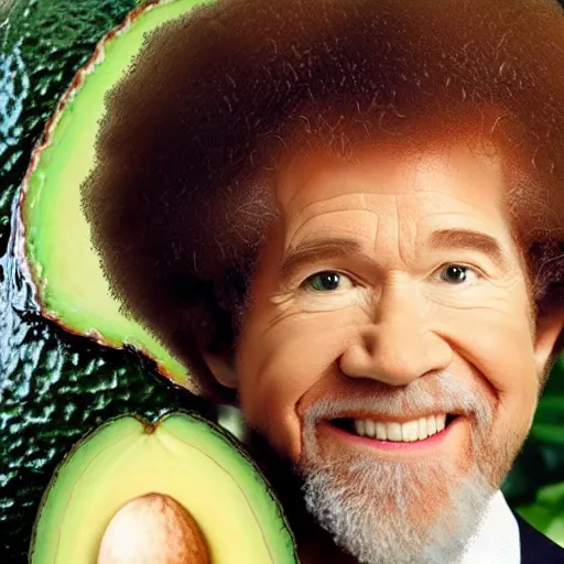 Image similar to bob ross wrapped in an avocado