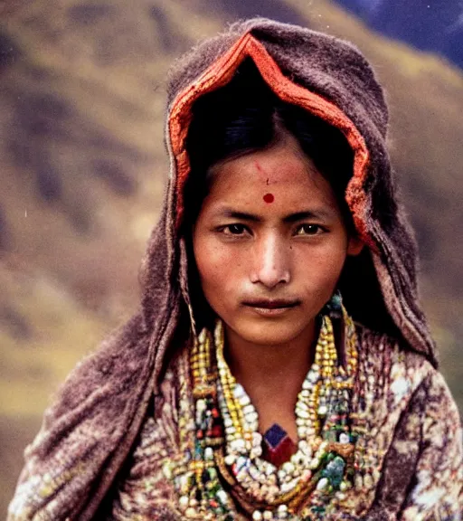 Image similar to vintage_portrait_photo_of_a_stunningly beautiful_nepalese_maiden in the himalayan mountains by Annie Leibovitz