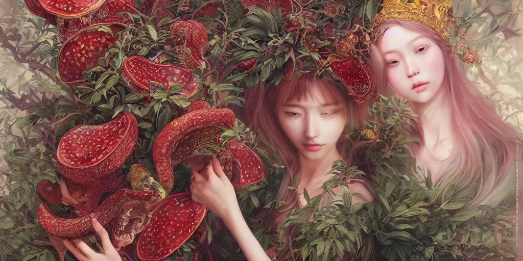 Image similar to breathtaking detailed concept art painting of the goddess of rafflesia arnoldii flowers, orthodox saint, with anxious, piercing eyes, ornate background, amalgamation of leaves and flowers, by Hsiao-Ron Cheng, James jean, Miho Hirano, Hayao Miyazaki, extremely moody lighting, 8K