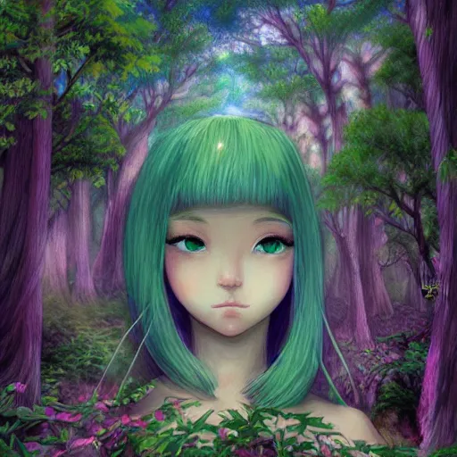 Prompt: “portrait of a pretty goddess in a magical forest, beautiful, highly detailed, photoshop, digital art, ghibli”