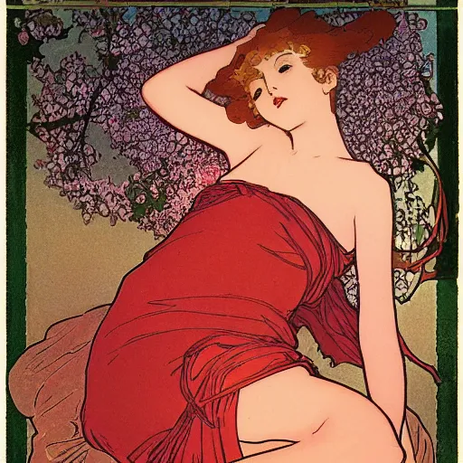 Image similar to A girl lying on a bush, hopeful ,rose .red and orange theme by mucha and murata range