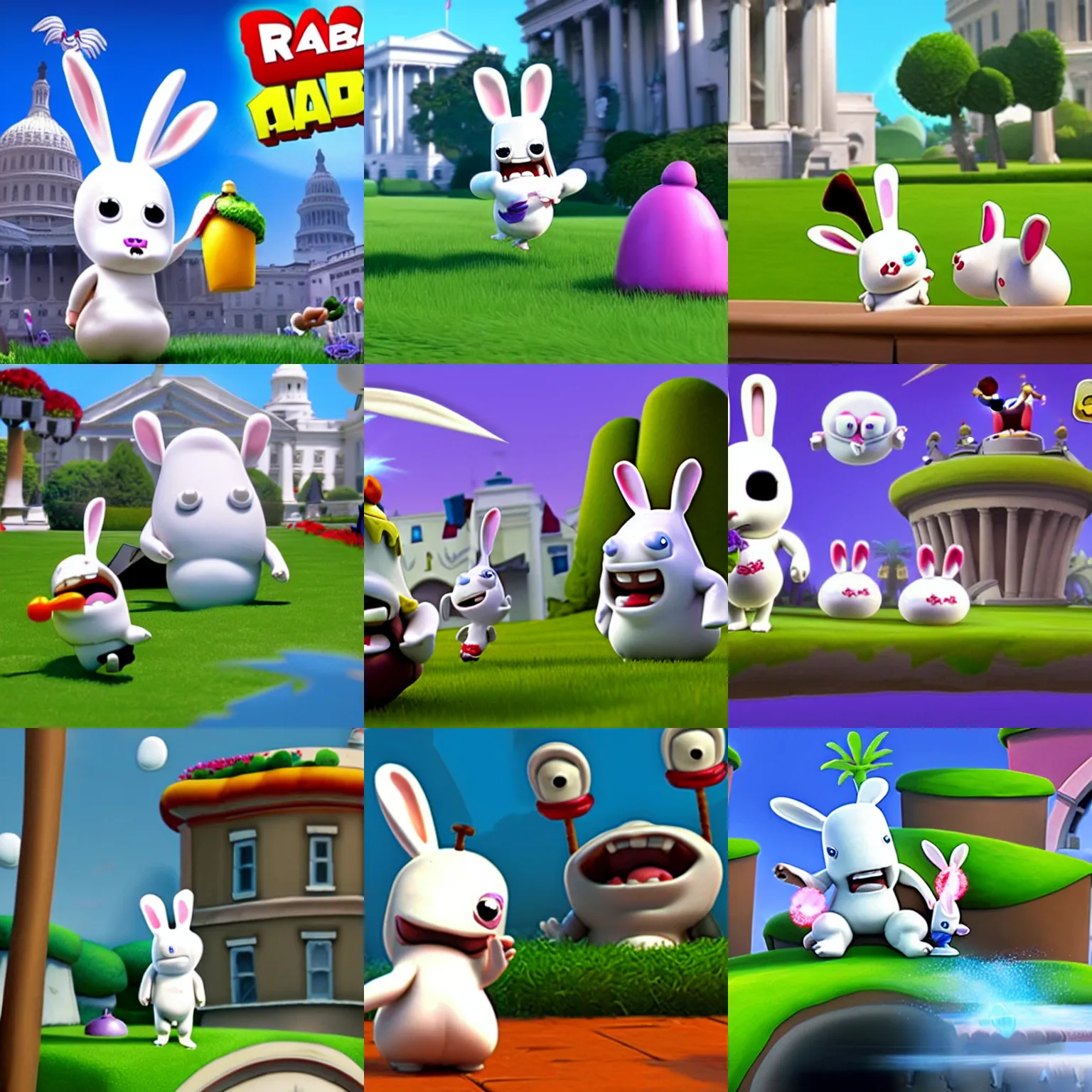 Prompt: rabbids attacking the the whitehouse, rayman raving rabbids