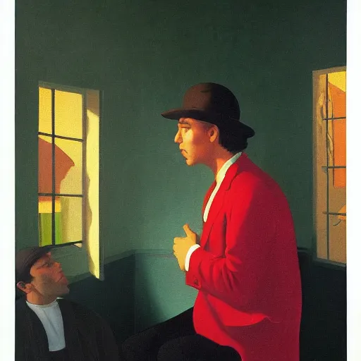 Image similar to feeling this way is a-okay, smoking hashish by the marijuana den by Raphael, Hopper, and Rene Magritte. detailed, romantic, enchanting, trending on artstation.