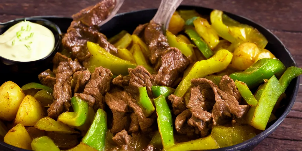 Image similar to curry sauce beef onion potatoes green peppers, closeup, food photography