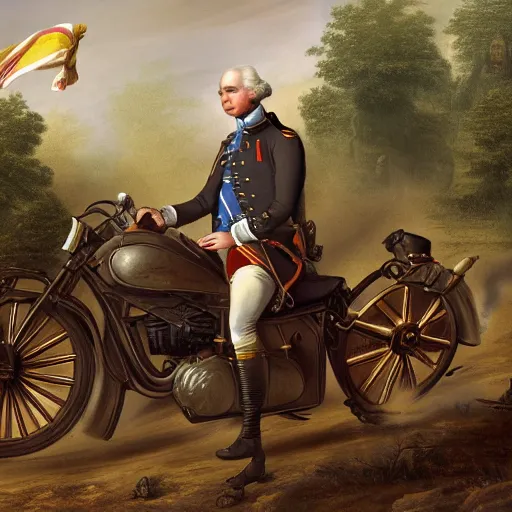 Image similar to George Washington rides a motorcycle to attack the British army in the revolutionary war, epic, cinematic, concept Art, detailed, 4K