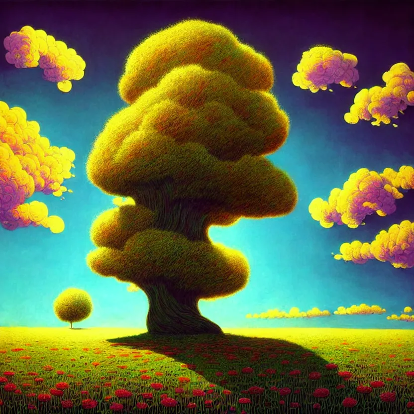 Image similar to tule tree, white sea cloud, summer morning, very coherent and colorful high contrast, art by! gediminas pranckevicius! geof darrow, pastel color, volumetric lighting, cinematic, floralpunk screen printing woodblock, dark shadows, hard lighting, stippling art