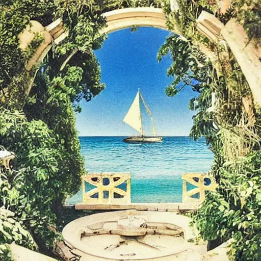 Image similar to “A photo of a beach and a french garden in 1993, tarot-like landscape it's lit by the camera flash. Surreal Greek architecture, mason, occult tarot symbols. Far away sail boat at the ocean”