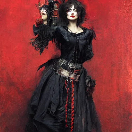 Image similar to solomon Joseph Solomon and Richard Schmid and Jeremy Lipking victorian genre painting portrait painting of a young beautiful woman Margot Robbie punk rock goth with punk rock haircut in fantasy costume, red background