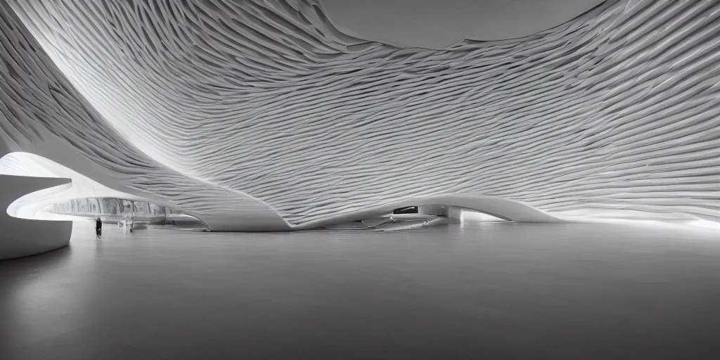 Prompt: smooth curvilinear museum interior, photorealistic, 8 k, cinematic, zaha hadid