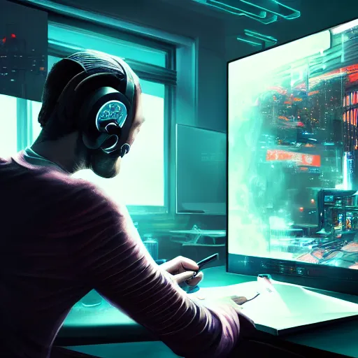 Image similar to realistic man using laptop in gaming room, artstation trends, cyberpunk concept art, highly detailed, intricate, sharp focus, digital art, 8 k