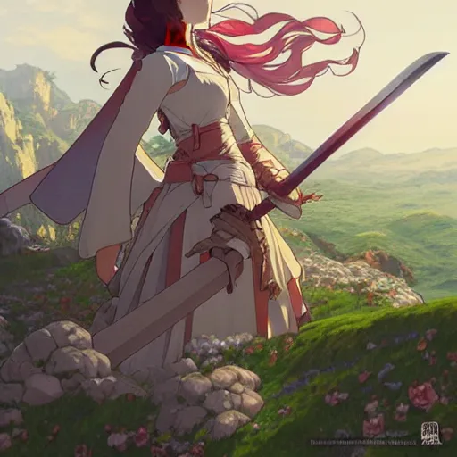 Image similar to the knight and the sword of rose petal, anime, castle core, mountains, rocky roads. by hayao miyazaki and rossdraws and artgerm and greg rutkowski and alphonse mucha and studio ghibli and ilya kuvshinov. high quality, stunning, intricate detailed environment. 8 k