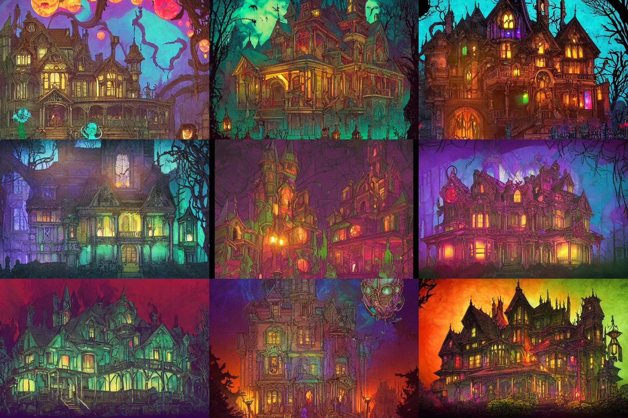 Prompt: haunted mansion, stained glass!!, grainy texture!!!!!, infographic with illustrations!!!, glowing lights, epic fantasy, colorfully, digital art, highly saturated colors, concept art, detailed illustration, hd, 4 k, digital art, greg rutkowski, dan mumford, studio ghibli trending on artstation