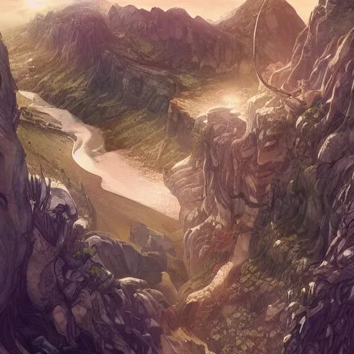 Prompt: view from a cliff into a gigantic valley in the middle of which stands yggdrasil; design by charlie bowater, detailed, inked, western comic book art