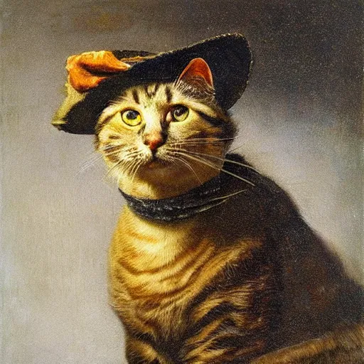 Prompt: a cat robot wearing a hat, oil painting, atmospheric lighting, highly detailed rembrandt van rijn, aert de gelder, esaias van de velde