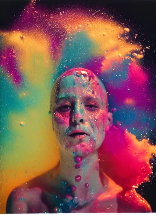 Prompt: detailed color analog medium format photo made by harmony korine, polaroid closeup photo of weird bald hag getting splashed by colorful water in studio while colors explode from her head, rim light, shot with a camera flash, high production value, intricate details, hyperrealistic, photorealistic, high definition, award - winning photography, masterpiece